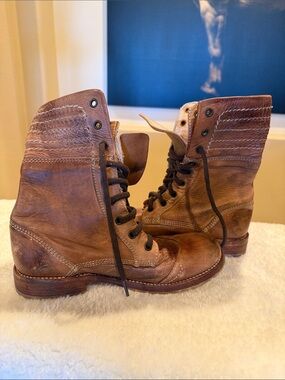 BED|STU Roanne Distressed Leather Lace-Up Fold Over Boots